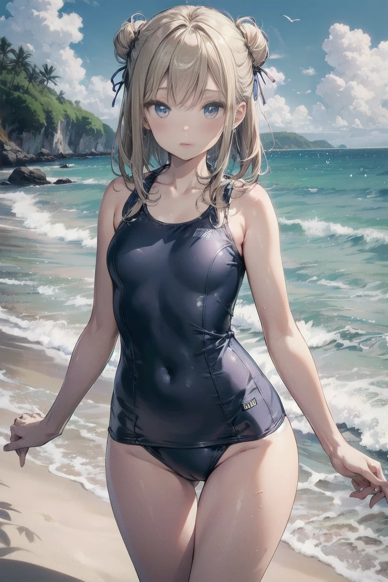(NSFW:1.1), masterpiece, Highest quality, Ultra-high resolution, Highest Resolution, Very detailed, cowboy shot, very cute, Complete limbs, Shining Eyes, Full Finger, Slender beauty, Blonde Bun Hair, Embarrassed look, Writhing expression, school swimsuit, Glowing Skin, beach, Bubble, Wind