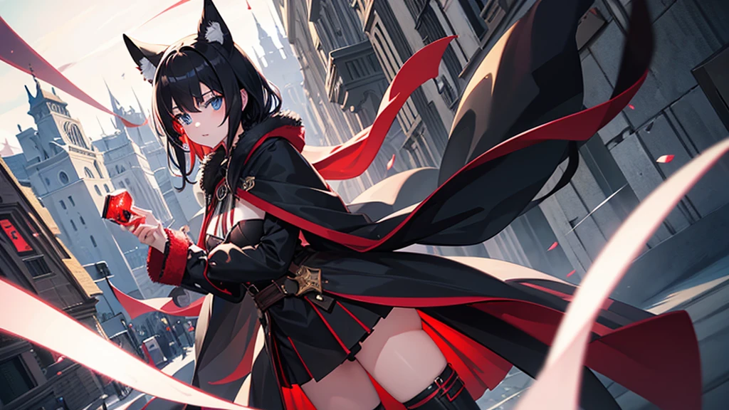 cute ruffle dress, Fine frills, ribbon, cat ears hooded cape, red hood, put the hood over your head, horizontal striped overknee socks, platform boots, Lunch basket, naughty smile, detailed face and eyes, masterpiece, highest quality, Super detailed, starry sky, night view, sunset,brown hair.(Mossy buildings),(collapsed cityscape),