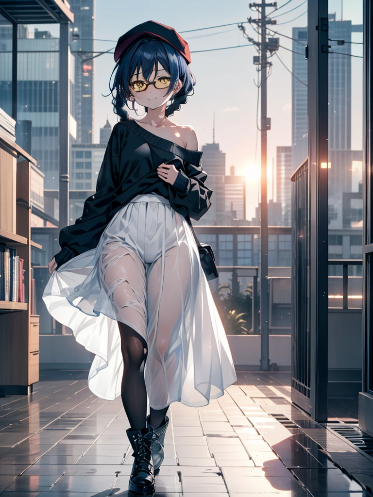 you like it, Umi Sonoda, Long Hair, Blue Hair, (Yellow Eyes:1.5) (Flat Chest:1.2),Blue one-shoulder sweater,Long skirt,Black pantyhose,short boots,Baseball hats,Black-rimmed glasses,Long braids,smile,Walking,morning,morning陽,The sun is rising,On the way to school,whole bodyがイラストに入るように,
break looking at viewer,whole body,
break outdoors, station,
break (masterpiece:1.2), Highest quality, High resolution, unity 8k wallpaper, (figure:0.8), (Beautiful attention to detail:1.6), Highly detailed face, Perfect lighting, Highly detailed CG, (Perfect hands, Perfect Anatomy),
