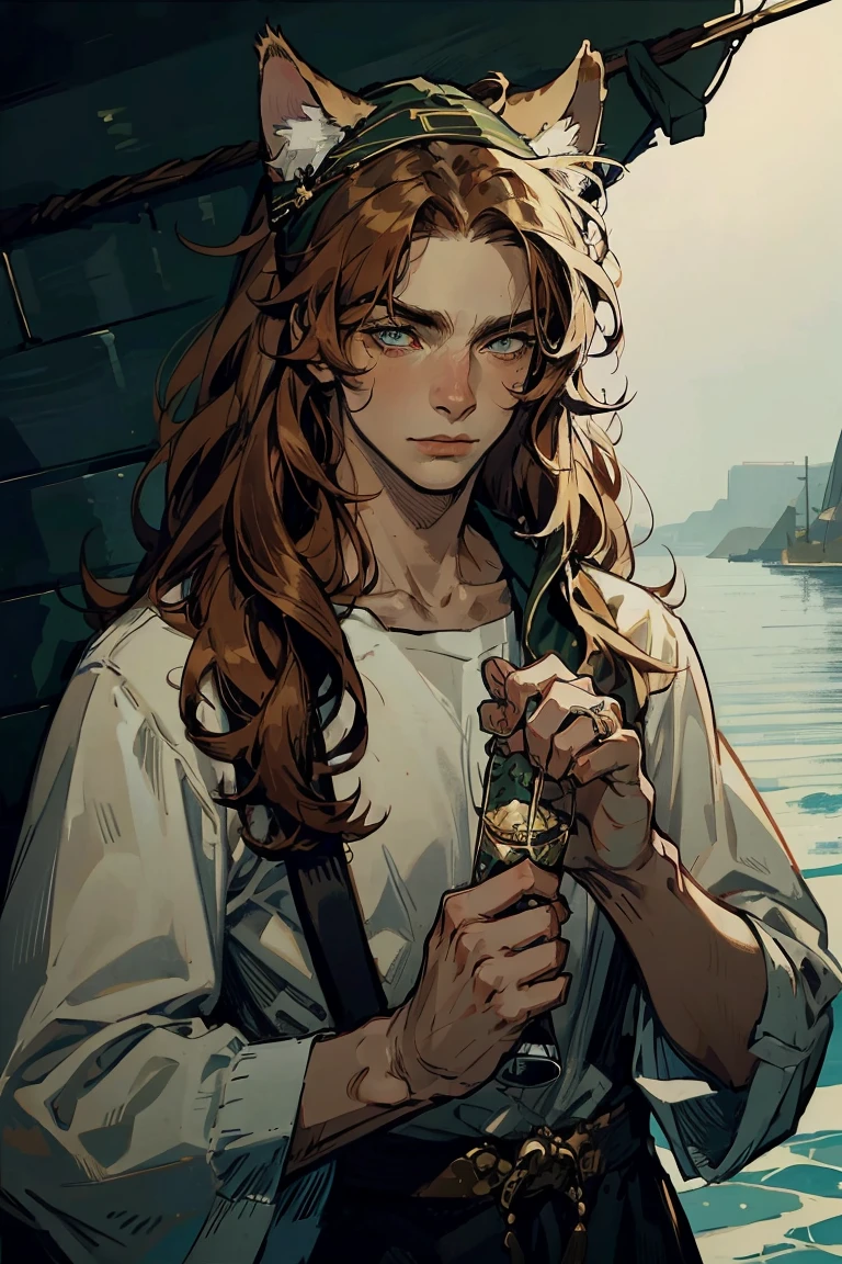 1 boy, (young man), upper body, (red fluffy long hair), ((only cat ears are big)), green eyes, long eyelashes, beautiful detailed eyes, plain white shirt, bandana on head, pirate setting, maritime atmosphere, (cat tail), neat beautiful hands, soft light, Beautiful detailed eyes, Good Skin, a lot of details on the clothes, detailed background, sea landscape, extremely detailed face, 8 K, masterpiece
