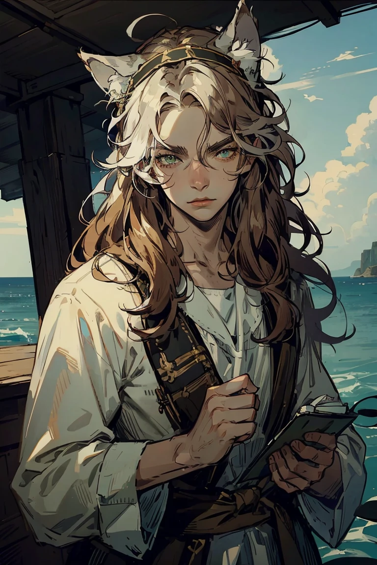 1 boy, (young man), upper body, (red fluffy long hair), ((only cat ears are big)), green eyes, long eyelashes, beautiful detailed eyes, plain white shirt, bandana on head, pirate setting, maritime atmosphere, (cat tail), neat beautiful hands, soft light, Beautiful detailed eyes, Good Skin, a lot of details on the clothes, detailed background, sea landscape, extremely detailed face, 8 K, masterpiece