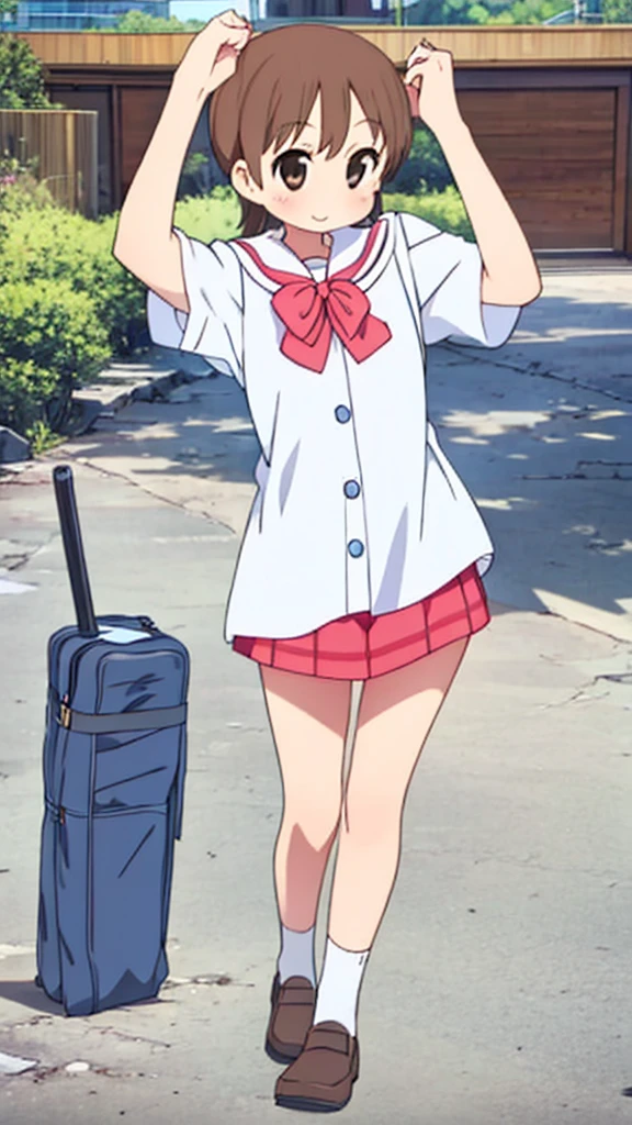 Comical movement、fun、comical smile、Shynesischief、Expectations、surprise、Shyness、School、classroom、pretty girl , Shooting from below, One Girl, Brown Hair、Very short hairstyle, Brown eyes、Red frame glasses、Short sleeve white blouse, Navy Blue Skirt, Navy blue socks, Brown Loafers, I can see her white panties、Thin legs、Small breasts、A soft-looking body、Normal body type