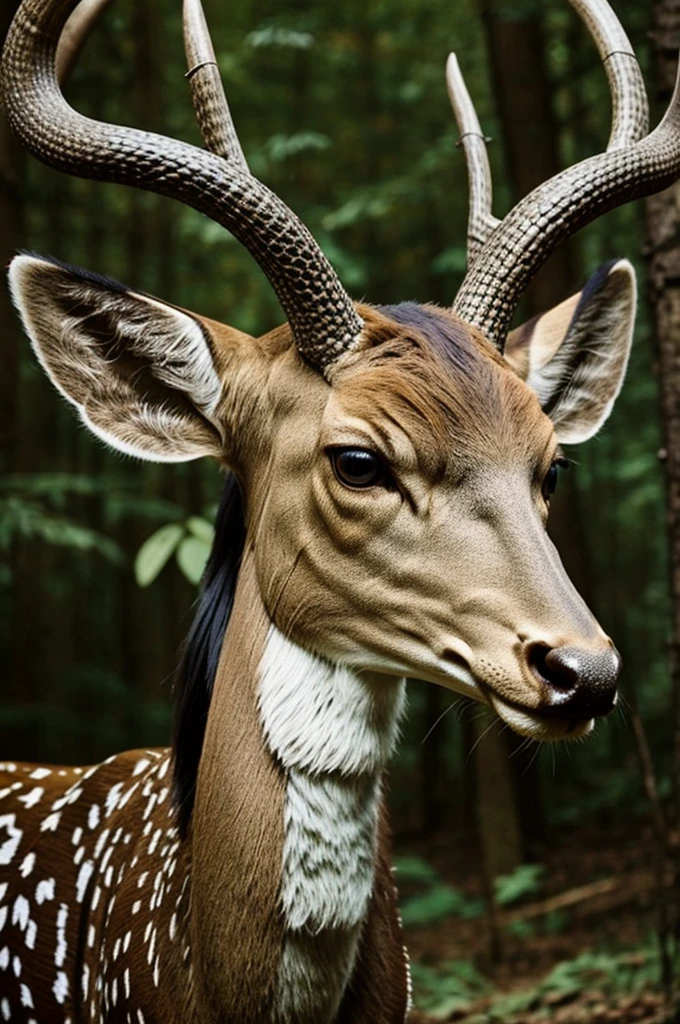 Mixes deer and snake features, snout covered with scales, big eyes, pointy ears, and on the skull a completely vertical antler