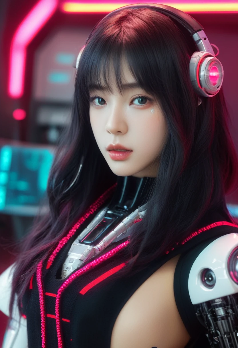 xxmixgirl. Highly detailed professional 35mm film, bokeh, face in sharp focus. A robotic female, Miku, with ((metal skin)), ((perfect Asian eyes)) with magenta irises and ((black pupils)), beautiful serious (detailed face), 18 year old ((photorealistic face)), very long magenta twin tails of magenta hair, twin black hair ties with a single red stripe. She may have a black audio headpiece. We can see her ((full body)) down to her boot soles. Her outfit is a sleeveless collared light grey shirt, outlined in red around the frilled collar and hems. Shiny reflective ((metallic breast cups, dimpleless)), invisible nipples. She wears black sleeves with red hems that start around her upper arm and bellow out as the sleeves open and extend to her wrists, with wide trumpet red rimmed cuffs. She has perfect robotic (detailed hands). She wears a red colored tie with two horizontal solid parallel black lines halfway across. She wears a fabric black skirt with a horizontal red hem at the bottom all the way around; her (((black skirt wraps around her))) and ((her skirt completely covers)) her robotic waist and thighs. Tall black boots with red bottom soles, a red rim around the top at her thighs. Her mechanical shoulder joints are visible. We can see her robotic legs and robotic neck. Half of her is covered with shiny polished machinery. The background is a distant dark neon futuristic Japanese city, gold, cyan, violet neon, near harbor or mountains.