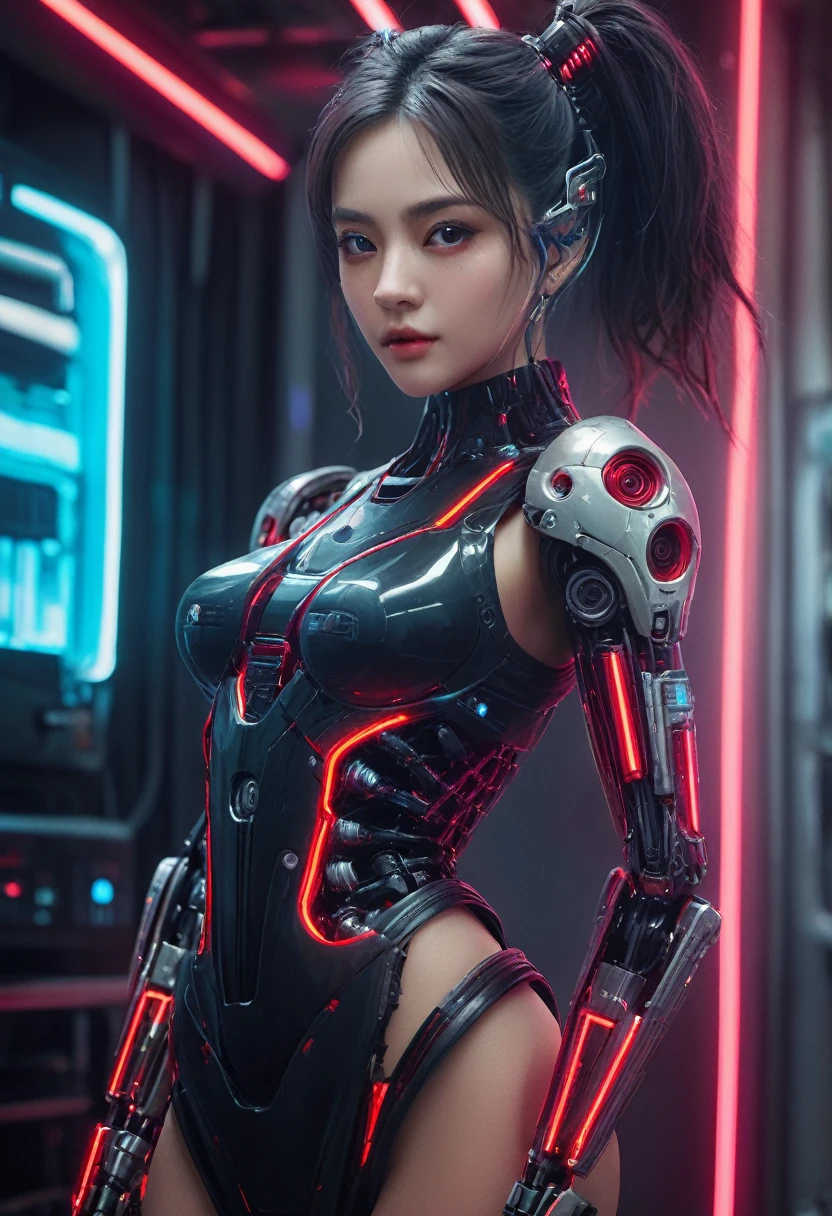 xxmixgirl. Highly detailed professional 35mm film, bokeh, face in sharp focus. A robotic female, Miku, with ((metal skin)), ((perfect Asian eyes)) with magenta irises and ((black pupils)), beautiful serious (detailed face), 18 year old ((photorealistic face)), very long magenta twin tails of magenta hair, twin black hair ties with a single red stripe. She may have a black audio headpiece. We can see her ((full body)) down to her boot soles. Her outfit is a sleeveless collared light grey shirt, outlined in red around the frilled collar and hems. Shiny reflective ((metallic breast cups, dimpleless)), invisible nipples. She wears black sleeves with red hems that start around her upper arm and bellow out as the sleeves open and extend to her wrists, with wide trumpet red rimmed cuffs. She has perfect robotic (detailed hands). She wears a red colored tie with two horizontal solid parallel black lines halfway across. She wears a fabric black skirt with a horizontal red hem at the bottom all the way around; her (((black skirt wraps around her))) and ((her skirt completely covers)) her robotic waist and thighs. Tall black boots with red bottom soles, a red rim around the top at her thighs. Her mechanical shoulder joints are visible. We can see her robotic legs and robotic neck. Half of her is covered with shiny polished machinery. The background is a distant dark neon futuristic Japanese city, gold, cyan, violet neon, near harbor or mountains.