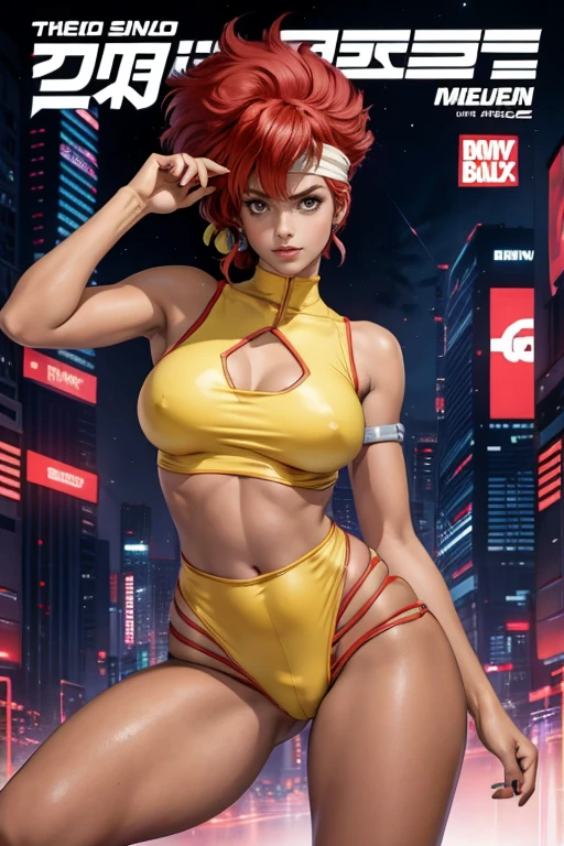 Kei muito magro de The Dirty Pair, emaciated, wearing a tight yellow outfit, thin picture, fine legs, Medium chest, red hair beauty, cyberpunk city background, holding a retro space gun, headband, Waist slender, Very thin thighs, very thin thighs, Very thin thighs, Very thin thighs, slim, tight slit, fine legs, tight slit,