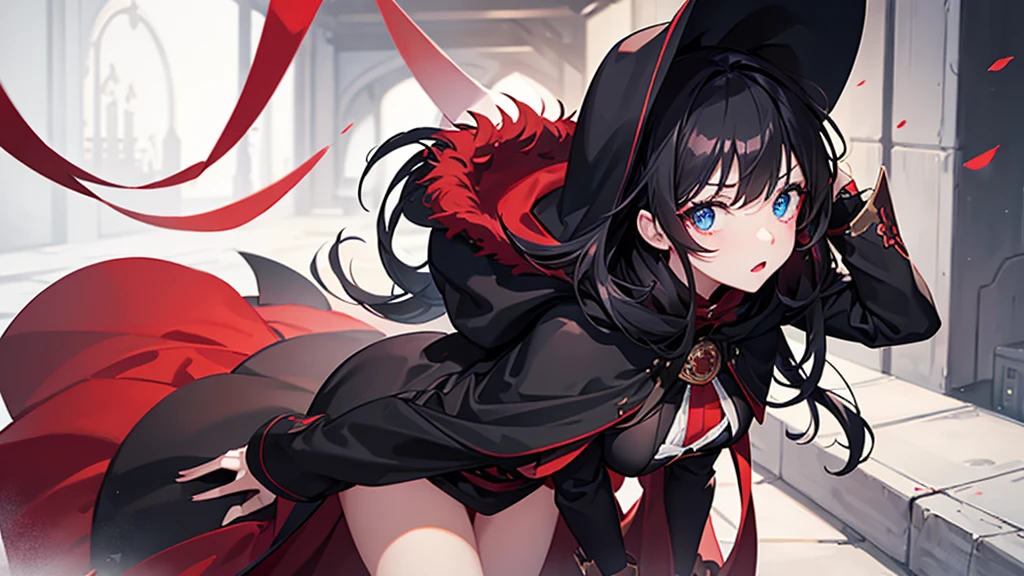 lily_white, [[[regretful]]], [[[library]]], [[Leaning]] make a girl with black hair and red and blue eyes with Red lighting around her, in all black clothing and wearing a black cloak with fur around it