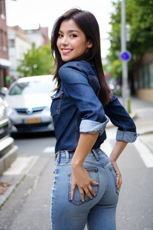 A beautiful woman wearing a shirt and tight jeans walking. She looks at the viewer and gives an attractive smile. Rear view 