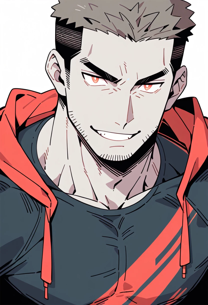 anime characters:Priapus, Black Grey Skin Muscle Sports Student,Manliness, male focus, Sports tight hooded sweatshirt, Under Armour Brand, Wear a high-necked tights underneath, Very tight, full and perky chest muscles, muscular male, muscular, only, Upper body, alone, Red short hair, Thick eyebrows, stubble, Brown-red pupils, White background, simple background, amazing quality, best aesthetics, Ridiculous, crew cut, smirk, bright pupils, grin, negative space, negative space, best quality