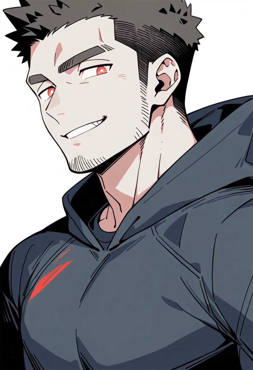 anime characters:Priapus, Black Grey Skin Muscle Sports Student,Manliness, male focus, Sports tight hooded sweatshirt, Under Armour Brand, Wear a high-necked tights underneath, Very tight, full and perky chest muscles, muscular male, muscular, only, Upper body, alone, Red short hair, Thick eyebrows, stubble, Brown-red pupils, White background, simple background, amazing quality, best aesthetics, Ridiculous, crew cut, smirk, bright pupils, grin, negative space, negative space, best quality