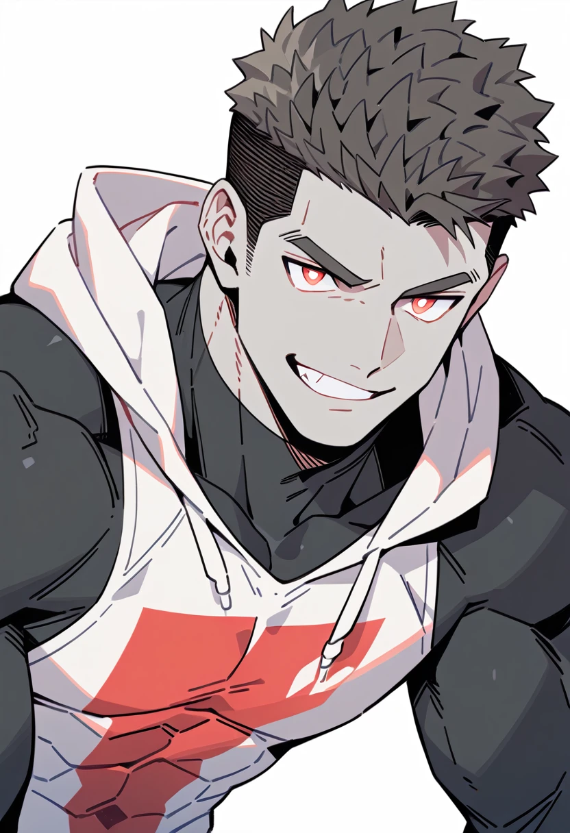 anime characters:Priapus, Black Grey Skin Muscle Sports Student,Manliness, male focus, Sports tight hooded sweatshirt, Under Armour Brand, Wear a high-necked tights underneath, Very tight, full and perky chest muscles, muscular male, muscular, only, Upper body, alone, Red short hair, Thick eyebrows, stubble, Brown-red pupils, White background, simple background, amazing quality, best aesthetics, Ridiculous, crew cut, smirk, bright pupils, grin, negative space, negative space, best quality