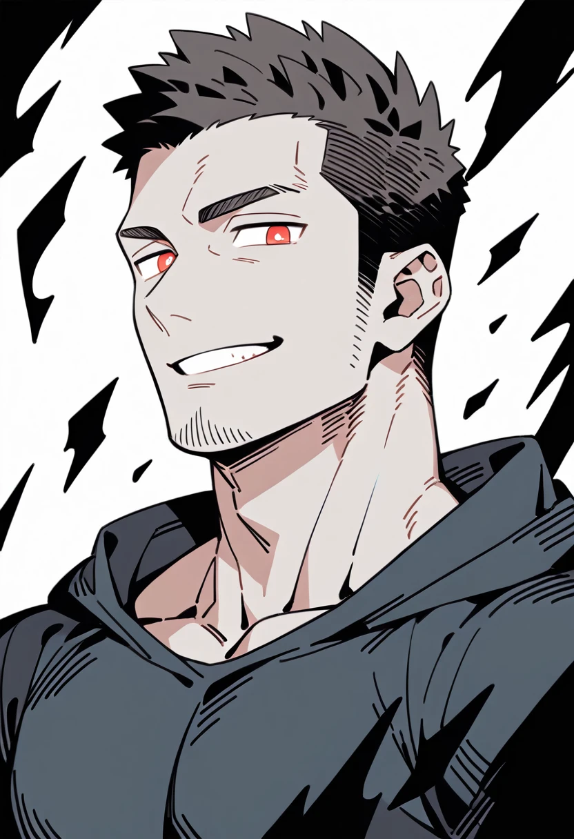 anime characters：Priapus, Black Grey Skin Muscle Sports Student,Manliness, male focus, Sports tight hooded sweatshirt, Under Armour Brand, Wear a high-necked tights underneath, Very tight, full and perky chest muscles, muscular male, muscular, only, Upper body, alone, Red short hair, Thick eyebrows, stubble, Brown-red pupils, White background, simple background, amazing quality, best aesthetics, Ridiculous, crew cut, smirk, bright pupils, grin, negative space, negative space, best quality