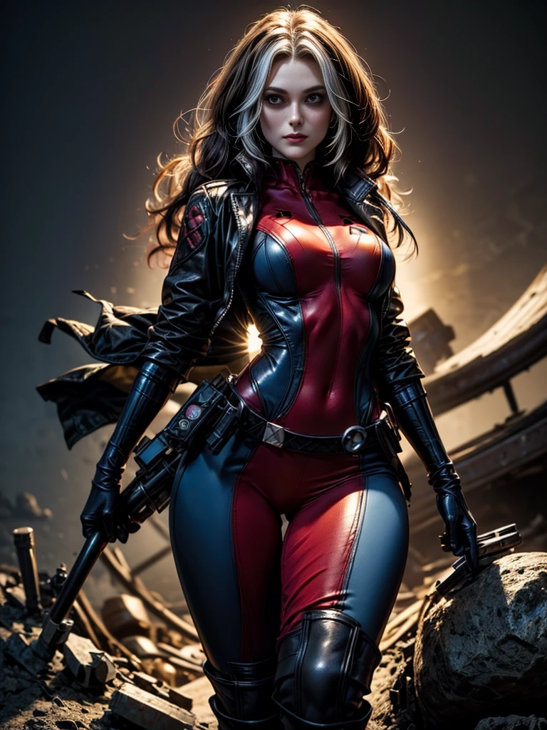 Keira Knightley、masterpiece、High quality 4K、villain (X-Men)、Gothic Girl、Sculpted Body Gothic Makeup、Black jacket、Red and blue bodysuit、masterpiece、Highest quality、Cowboy Shots、One personの女の子、One person、Technology Military Bodysuit、fringe