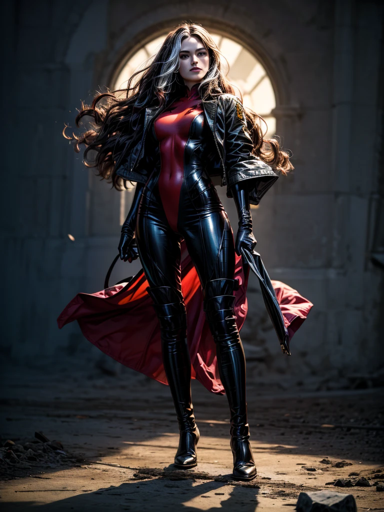 Keira Knightley、masterpiece、High quality 4K、villain (X-Men)、Gothic Girl、Sculpted Body Gothic Makeup、Black jacket、Red and blue bodysuit、masterpiece、Highest quality、Cowboy Shots、One personの女の子、One person、Technology Military Bodysuit、fringe