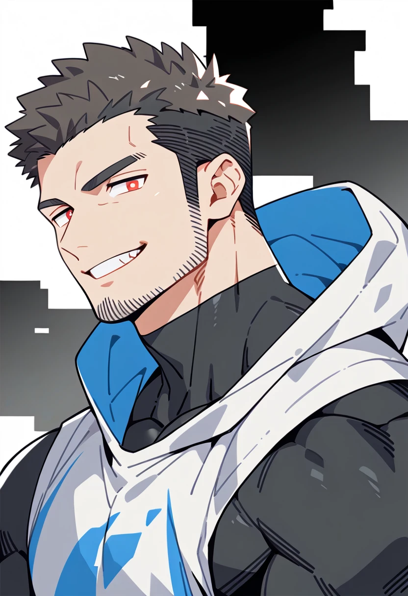 anime characters：Priapus, Black Grey Skin Muscle Sports Student,Manliness, male focus, Sports tight hooded sweatshirt, Under Armour Brand, Wear a high-necked tights underneath, Very tight, full and perky chest muscles, muscular male, muscular, only, Upper body, alone, Red short hair, Thick eyebrows, stubble, Brown-red pupils, White background, simple background, amazing quality, best aesthetics, Ridiculous, crew cut, smirk, bright pupils, grin, negative space, negative space, best quality