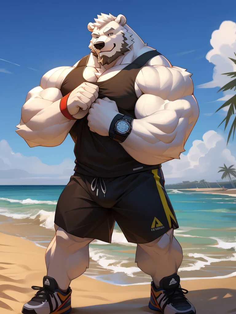 huge muscular polar bear in L.A. beach, big smirk, polar bear, huge white fur, thick arm, huge arm, bearded. white hair and beard, bearded, (muscular, pectoral, wide pectoral, thick arms), beach, palm, realistic, 8k, masterpiece, (wearing black shorts, wristband, watch and a white tank top, sports shoes)