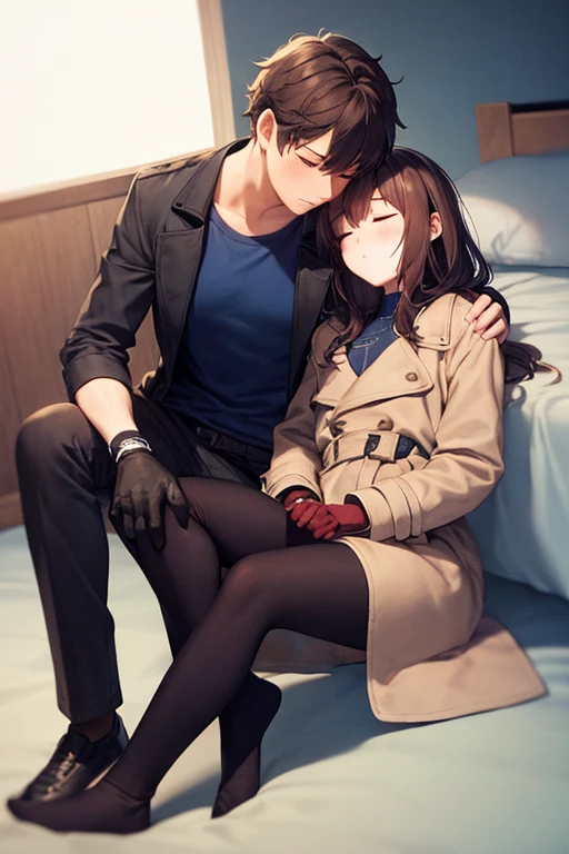 ((best quality)), ((masterpiece)), (detailed), a couple, a boy and a girl, 1 boy, full body, 19 years old, brown hair with white tips, long hair, bangs, green eyes, sleeping, tall and thin, thin, long beige trench coat, open trench coat, black fingerless gloves, white wristbands, white t-shirt with blue I-shaped emblem, letter I, black pants, 1 girl, full body, 19 years old, young adult, somewhat short, purple eyes, brown hair, somewhat wavy hair, long hair, lock of hair on forehead, asleep, blushing, scientist's coat, blue shirt, black pants, sitting on the floor, sleeping on the boy's shoulder, romantic moment, bedroom background, anime
