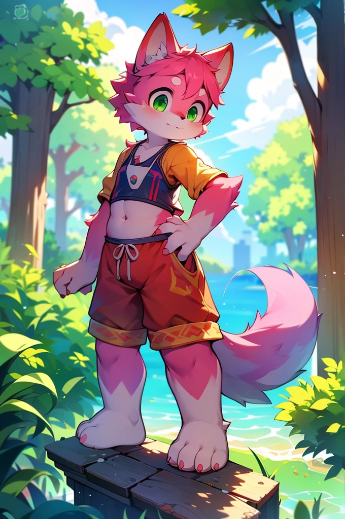 Furry,Pink fur,Girl,8k resolution,最High resolution, High resolution,Wearing a swimsuit bikini,Green Eyes,summer,Stand on your feet,Two legs,Five fingers on a hand,Five toes,tall,:tall stature,fit,medium,Standard