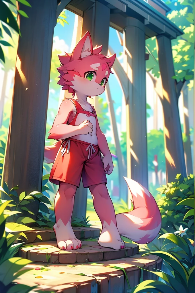 Furry,Pink fur,Girl,8k resolution,最High resolution, High resolution,Wearing a swimsuit bikini,Green Eyes,summer,Stand on your feet,Two legs,Five fingers on a hand,Five toes,tall,:tall stature,fit,medium,Standard