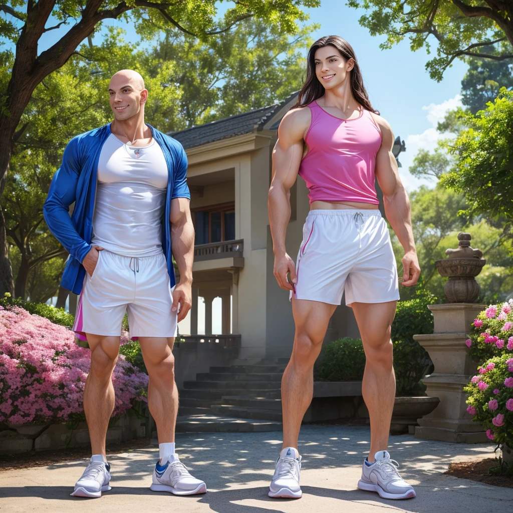 ultra photorealistic image, masterpiece, 8k, high resolution, best quality, ultra-detailed), 1 man and a woman together in the photo, the man is very tall, single, one person, bodybuilder, hot, perfect elongated face, handsome, bald, deep, detailed eyes, bald , shaved head, perfect body, 30 years old, muscular, very tall, pale skin, white skin, very tall (he is about 6 feet 5 inches, very muscular, smiling, sexual, winner, poses as a model, during the day, has light bright and dynamic sun, poses in a park with many trees and flowers, comfortable clothing, casual clothing, shirt, camisole, designer shirt, shorts, blue sneakers, all clothing Perfectly covers the extremely muscular body of the bodybuilder The man near the woman looking at each other, the man is taller than the woman A woman: Next to her is an Asian woman with a wavy face, smiling, long straight hair with curves at the ends, dressed in a pink t-shirt with short jeans, white socks and pink tennis shoes.