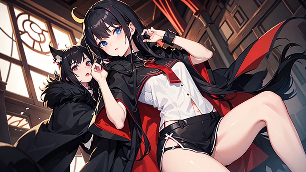 lily_white, [[[regretful]]], [[[library]]], [[Leaning]] make a girl with black hair and red and blue eyes with Red lighting around her, in all black clothing and wearing a black cloak with fur around it big  