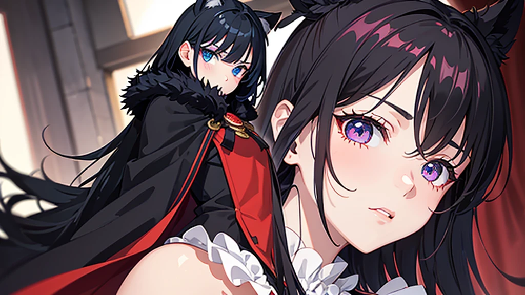 lily_white, [[[regretful]]], [[[library]]], [[Leaning]] make a girl with black hair and red and blue eyes with Red lighting around her, in all black clothing and wearing a black cloak with fur around it big  