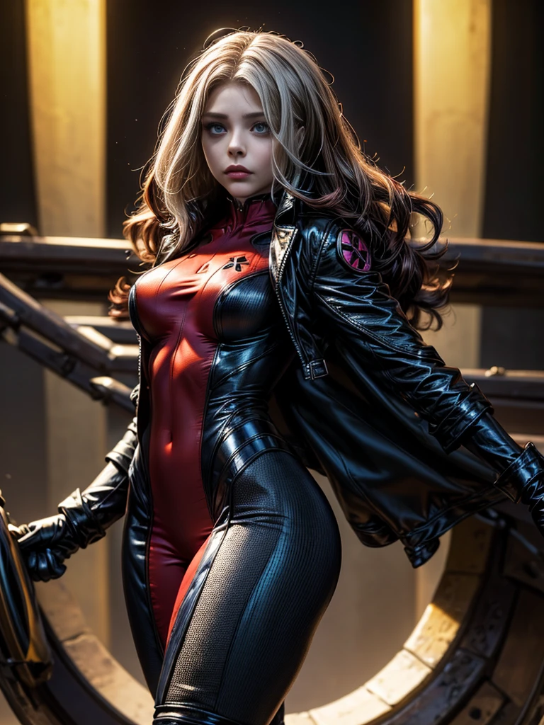 Chloe Grace Moretz、masterpiece、High quality 4K、villain (X-Men)、Gothic Girl、Sculpted Body Gothic Makeup、Black jacket、Red and blue bodysuit、masterpiece、Highest quality、Cowboy Shots、One personの女の子、One person、Technology Military Bodysuit、fringe