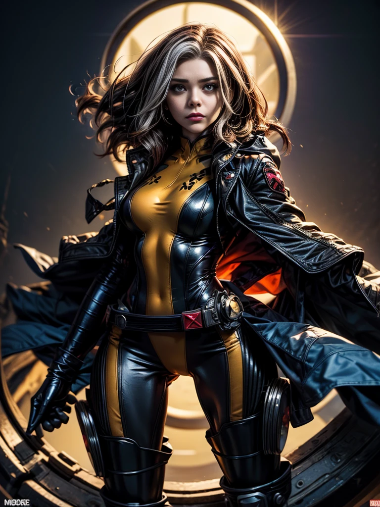 Chloe Grace Moretz、masterpiece、High quality 4K、villain (X-Men)、Gothic Girl、Sculpted Body Gothic Makeup、Black jacket、Red and blue bodysuit、masterpiece、Highest quality、Cowboy Shots、One personの女の子、One person、Technology Military Bodysuit、fringe