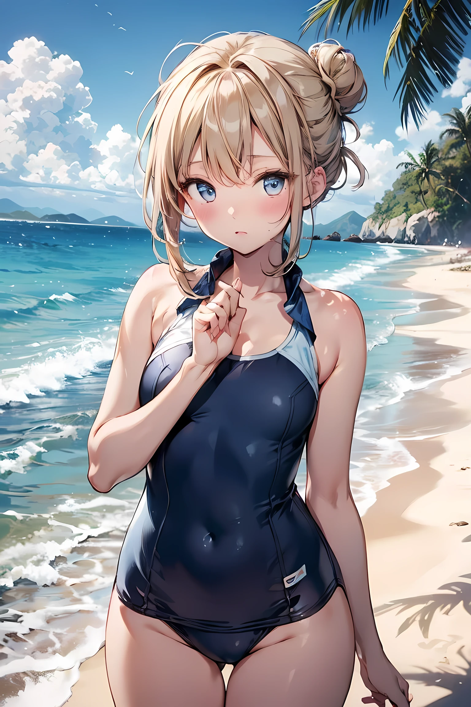 (NSFW:1.1), masterpiece, Highest quality, Ultra-high resolution, Highest Resolution, Very detailed, cowboy shot, very cute, Complete limbs, Shining Eyes, Full Finger, Slender beauty, Blonde Bun Hair, Embarrassed look, Writhing expression, school swimsuit, Glowing Skin, beach, Bubble, Wind