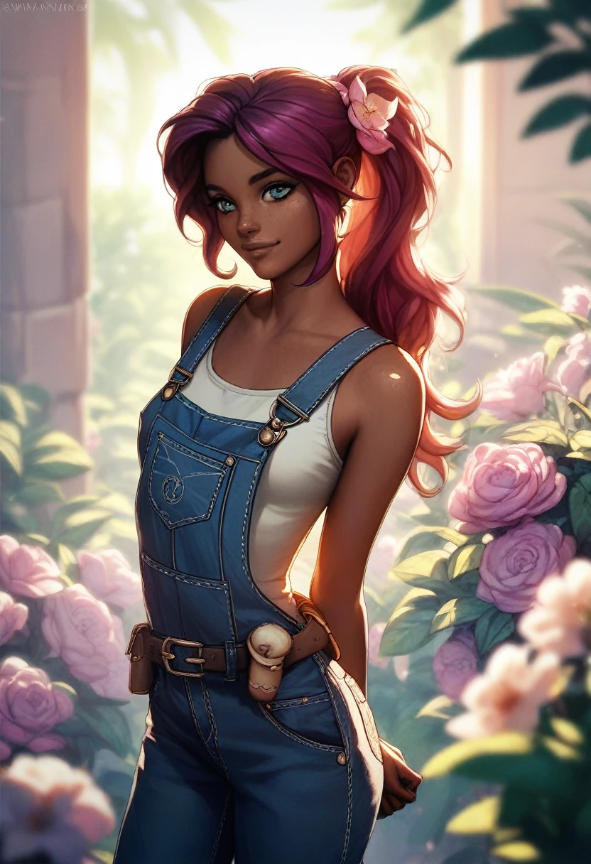 (((Masterpiece))), best quality, cowboy shot, perfect anatomy, realistic face, outdoors, sunny, warm sunlight, backlighting, dramatic lighting, painterly 1girl, ponytail, solo, overalls, three quarter view, flower in hear, fanny pack, arms behind back, light smile, dark skin, dark skinned female, small breasts