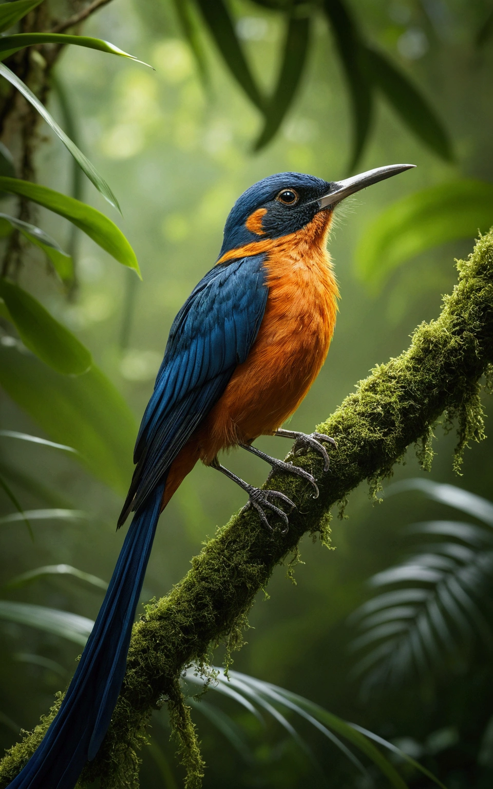 A captivating jungle scene showcases a rare, mischievous-looking bird perched on a curly branch, its long, elegant tail adorned with intricate, horn-like structures. The bird, with its beautiful and graceful demeanor, exudes an air of elegance and mystery. This high-quality nature photography, expertly captured by Sudip Roy using a Canon EOS R6, offers a stunning display of the bird's unique beauty and the lush, vibrant jungle surroundings.