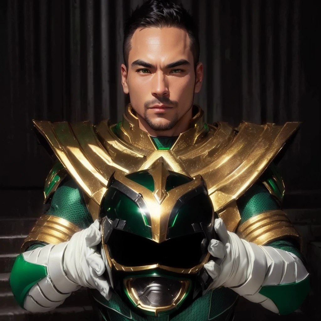a close up of a man in a green and gold costume holding a helmet, green power ranger, power ranger, the secret seventh power ranger, wearing green armor and helmet, wearing green battle armor, tokusatsu, green armor, power rangers film, power rangers, metallic green armor, profile picture, photo shoot, photo from a promo shoot, green head,dragon face power ranger helmet with scale texture of a dragon, green in color, with gold accents, black accents, red jewel intricate detail, highly detailed, volumetric lighting, 4k rendering, stock photo, ultra-realistic, realistic textures, dramatic lighting, depth of field, film, (very wide angle: 1.3), dark light, wide angle INa close up of a person in a green costume holding a sword, green power ranger, the secret seventh power ranger, power ranger, power rangers film, tokusatsu, wearing green battle armor, wearing green armor and helmet, green armor, metallic green armor, yellow ranger, kamen rider character, kamen rider, power rangers, the doomslayer
mysterio
