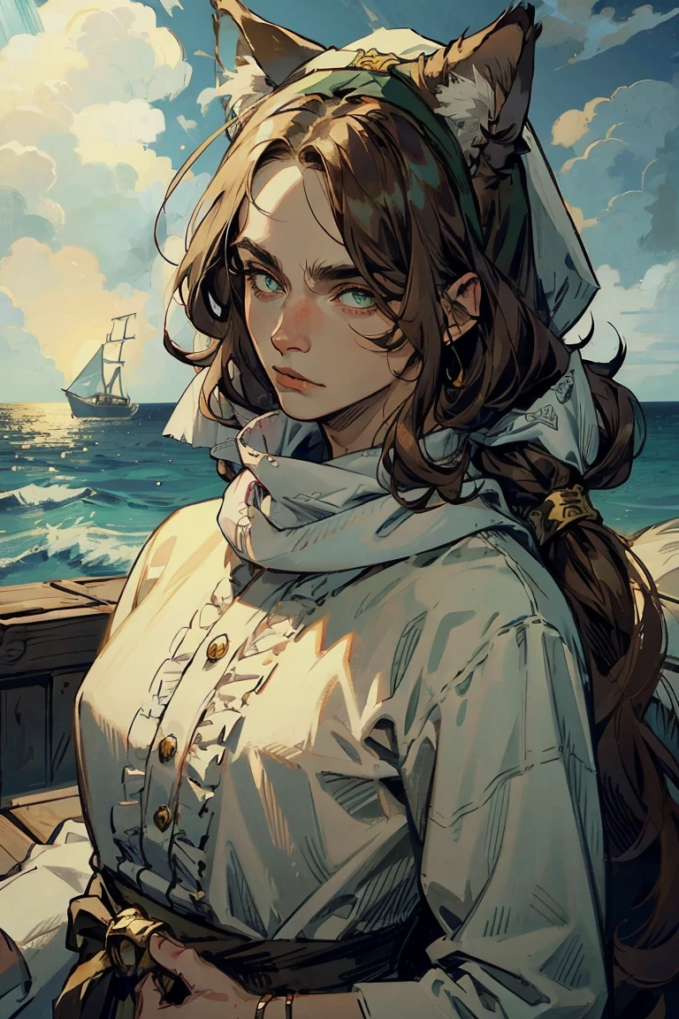 1 boy, ((young man)), upper body, (red fluffy long hair), ((Big cat ears)), green eyes, long eyelashes, beautiful detailed eyes, plain white shirt, head scarf, pirate setting, maritime atmosphere, (cat tail), neat beautiful hands, soft light, Good Skin, a lot of details on the clothes, detailed background, sea landscape, extremely detailed face, 8 K, masterpiece