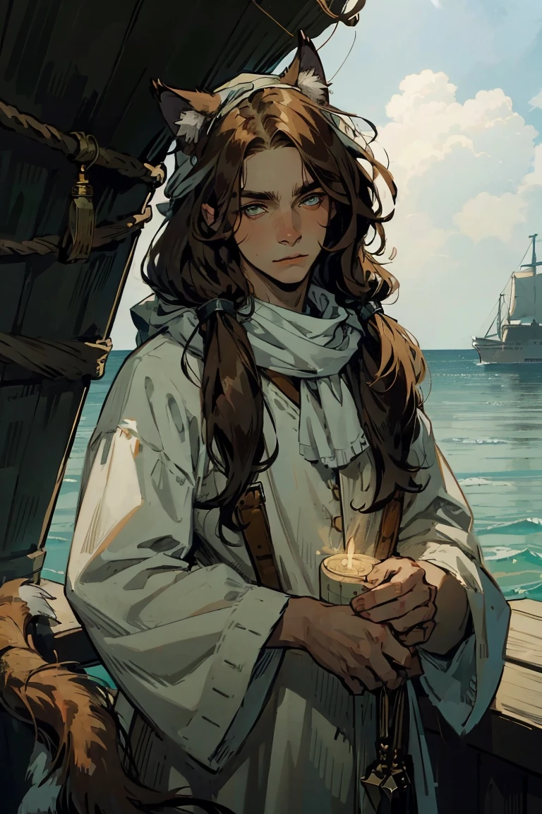 1 boy, ((young man)), upper body, (red fluffy long hair), ((Big cat ears)), green eyes, long eyelashes, beautiful detailed eyes, plain white shirt, head scarf, pirate setting, maritime atmosphere, (cat tail), neat beautiful hands, soft light, Good Skin, a lot of details on the clothes, detailed background, sea landscape, extremely detailed face, 8 K, masterpiece