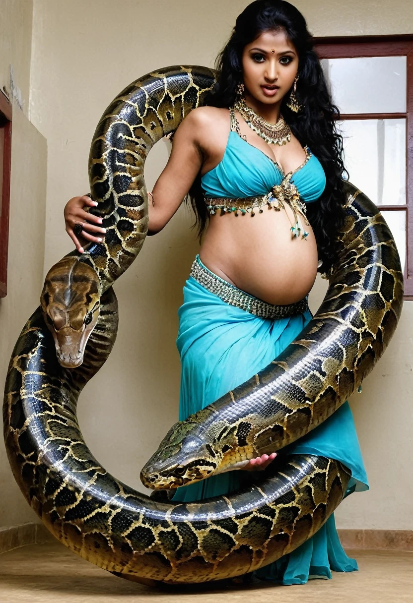 Pregnant Happy Horny, aroused 1girl), beautiful kneeling Indian young belly dancer girl with giant colossal Kaa monster squeezing her hard, wrapped in thick spiraling coils, constricted, struggle, gasping for air, snake attack, snake peril,