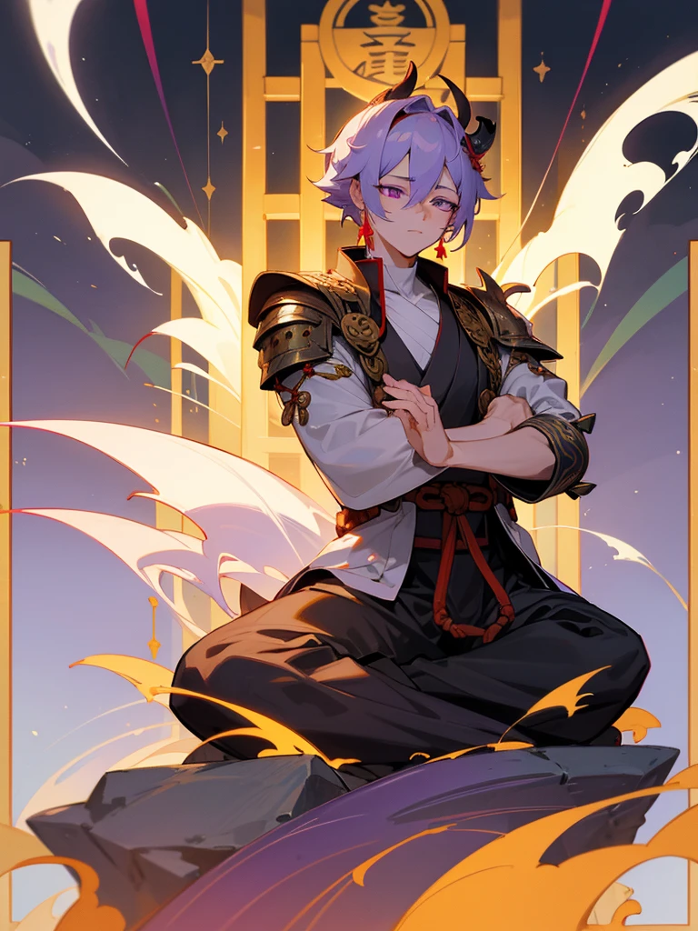 Dragon God Kannon Bodhisattva,Purple Eyes, Horn, White Short Hair, Black Armor, torii, male, Buddha, Praying with hands together, Zazen, Aiphone, Lotus Field, pure land, 神Buddha融合