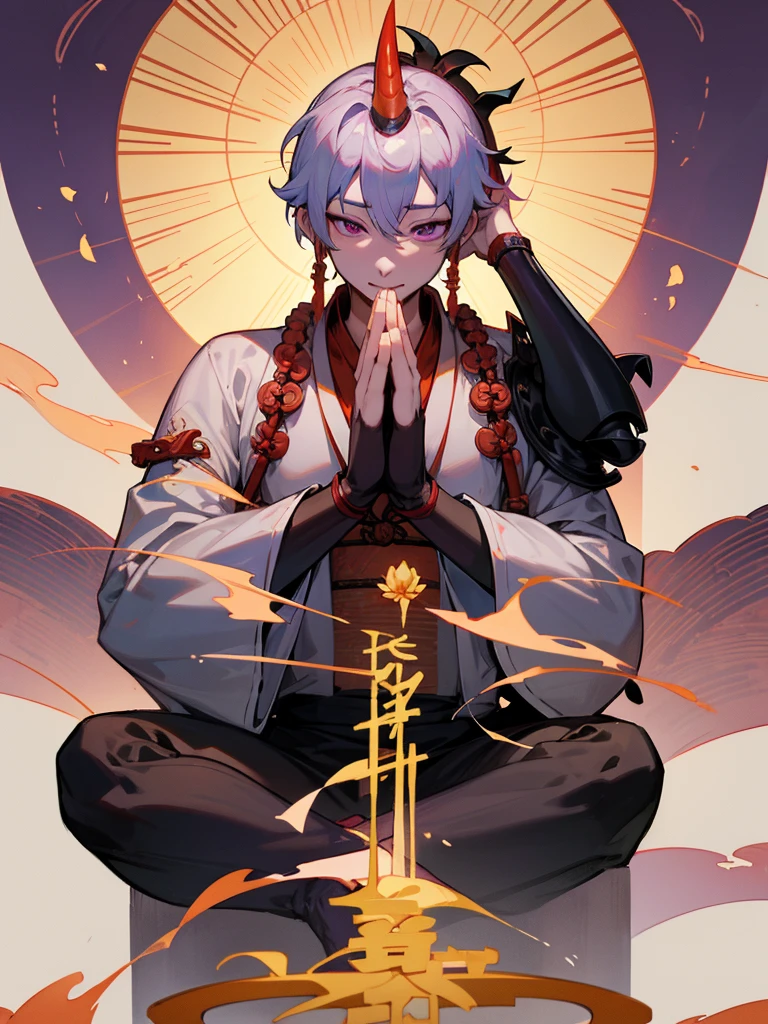 Dragon God Kannon Bodhisattva,Purple Eyes, Horn, White Short Hair, Black Armor, torii, male, Buddha, Praying with hands together, Zazen, Aiphone, Lotus Field, pure land, 神Buddha融合