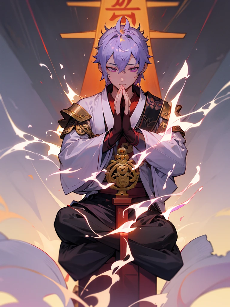 Dragon God Kannon Bodhisattva,Purple Eyes, Horn, White Short Hair, Black Armor, torii, male, Buddha, Praying with hands together, Zazen, Aiphone, Lotus Field, pure land, 神Buddha融合