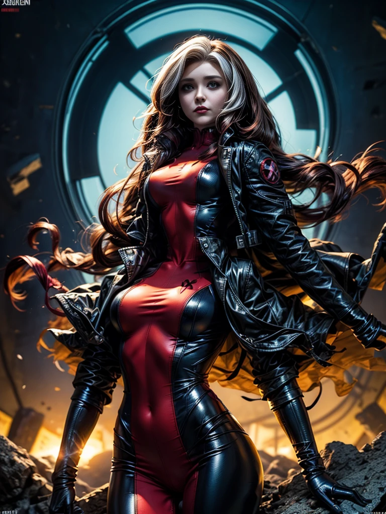 Hayden Panettiere、masterpiece、High quality 4K、villain (X-Men)、Gothic Girl、Sculpted Body Gothic Makeup、Black jacket、Red and blue bodysuit、masterpiece、Highest quality、Cowboy Shots、One personの女の子、One person、Technology Military Bodysuit、fringe