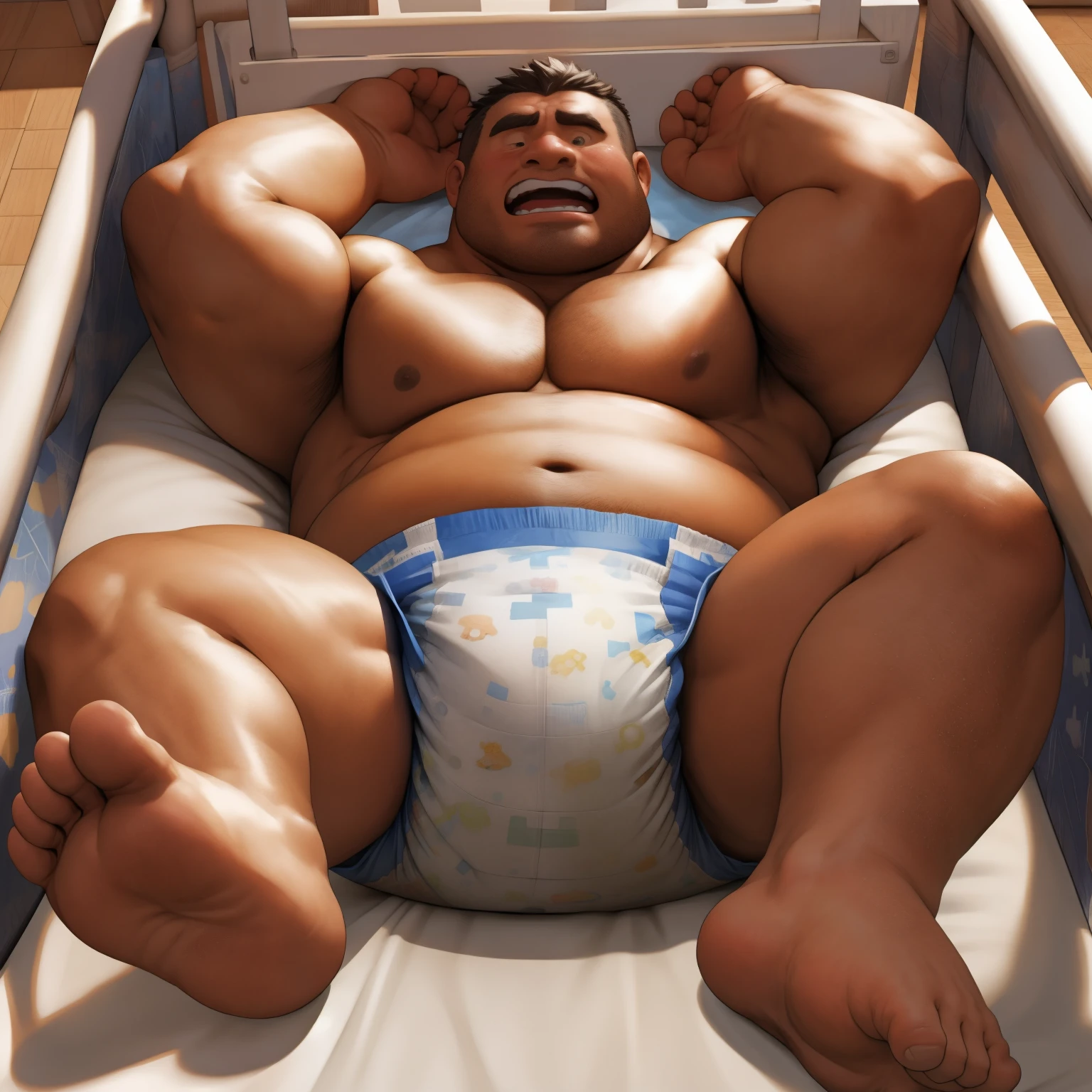 masterpiece, Top quality, in 32K, perfect anatomy, hyper detailed, photo realistic, super fine illustration, The thick man is a brutal prisoner, asian, retarded, human, 50yo in japan, Fatty muscle, (fatness:1.2), Bowleg, disappointment, incontinent, Diaper Open, shy, sobbing, weak, sissy, Round face, be diaper check by children, There is a small puddle under him, Naked, short legs, Bowleg, spread and lifting legs, wear a White cloth Diaper, White Diaper without pattern, Pampers, Bare belly, Bare legs, Bare foots, Bare soles, Shirtless, wide forehead and short thinning hair, round face with stubble, Bare foots, Bare soles, He enters nursery school and is despised by children, He is taken care of by the children at the nursery school, He surrounded by children in playpen, Bare foots, big butt, White Diaper, sobbing, There is a small puddle under him, sobbing, He is lying in baby crib in nursery,  top view, open diaper, Diaper change