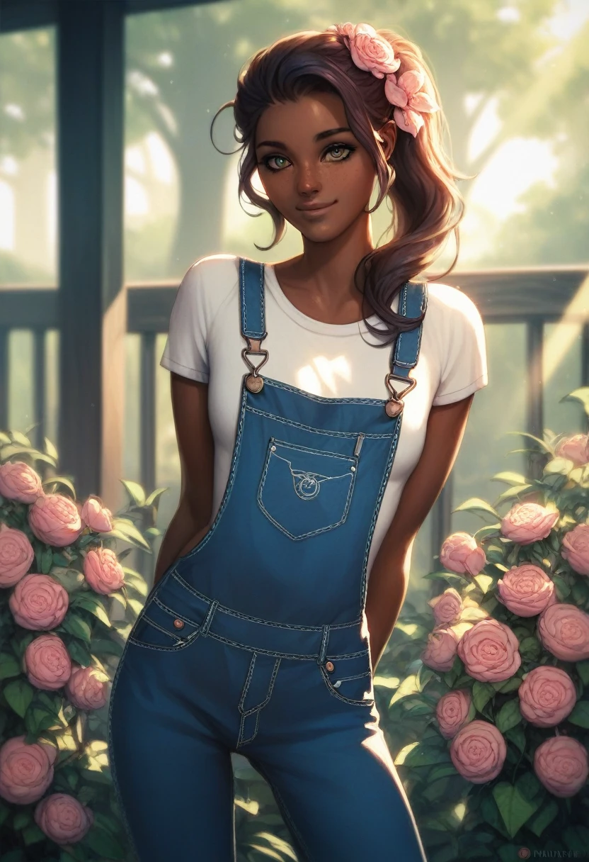 (((Masterpiece))), best quality, cowboy shot, perfect anatomy, realistic face, outdoors, sunny, warm sunlight, backlighting, dramatic lighting, painterly 1girl, ponytail, solo, overalls, three quarter view, flower in hear, arms behind back, light smile, dark skin, dark skinned female, small breasts