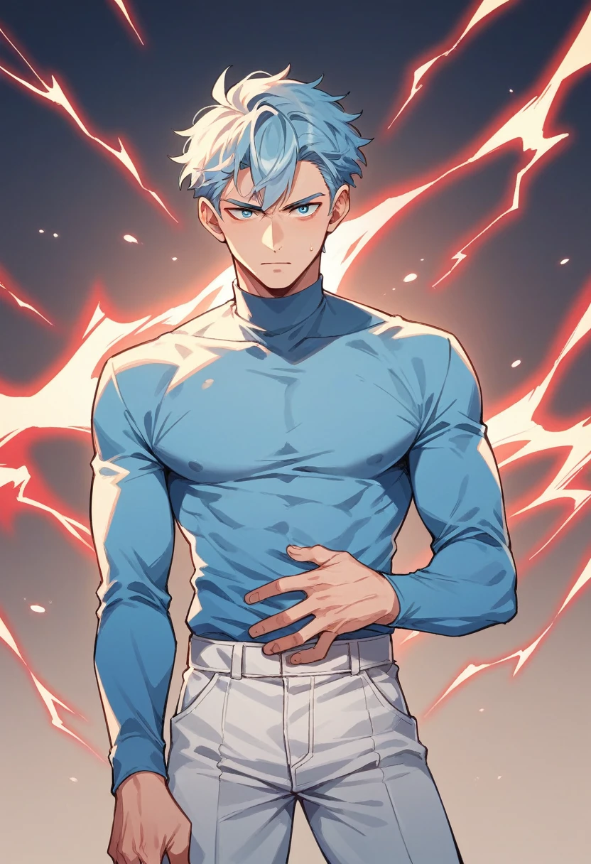 アニメ, best qualityer, white man, hair blue, light blue shirt with red lightning,  light blue pants , Grinning 