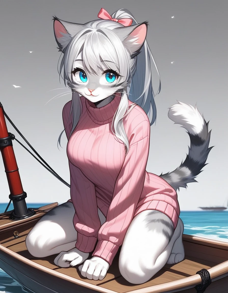 check_9,check_8_up,check_7_up, source_cartoon, source_fluffy, Catboat, a cute Anthro fluffy feline girl, tall body, hourglass figure, adult woman, Blue eyes, :3, silver fur, long light hair, Hair in a ponytail, white sideburns, pink nose, in a pink sweater with a virgin killer, sexy pose, Simple Gray Background, creeps towards the viewer, Kitten pose, On knees, 