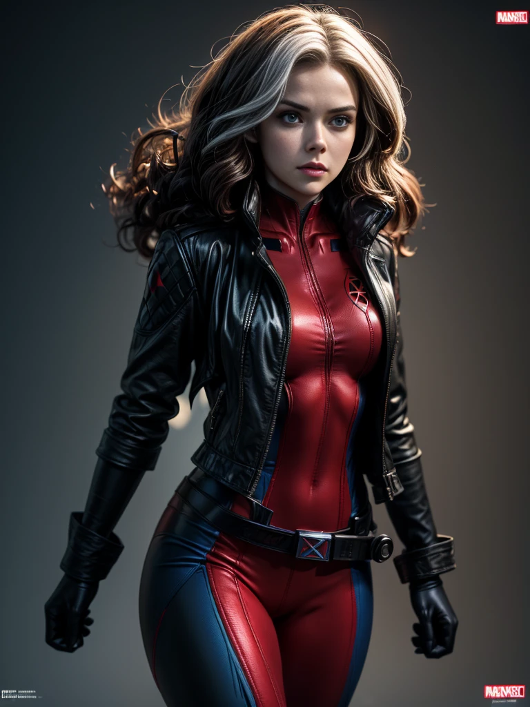 Daisy Ridley、masterpiece、High quality 4K、villain (X-Men)、Gothic Girl、Sculpted Body Gothic Makeup、Black jacket、Red and blue bodysuit、masterpiece、Highest quality、Cowboy Shots、One personの女の子、One person、Technology Military Bodysuit、fringe