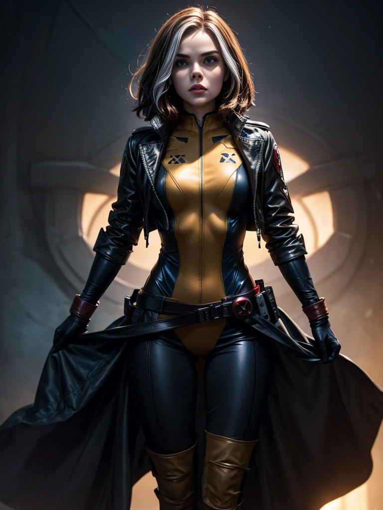 Daisy Ridley、masterpiece、High quality 4K、villain (X-Men)、Gothic Girl、Sculpted Body Gothic Makeup、Black jacket、Red and blue bodysuit、masterpiece、Highest quality、Cowboy Shots、One personの女の子、One person、Technology Military Bodysuit、fringe