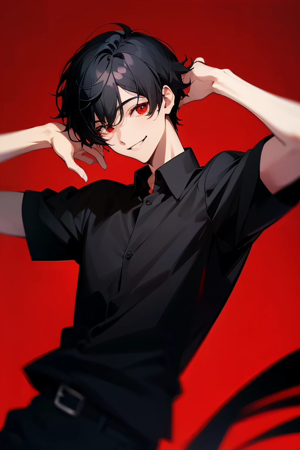 boy, black hair, red eyes, black shirt, smiling.