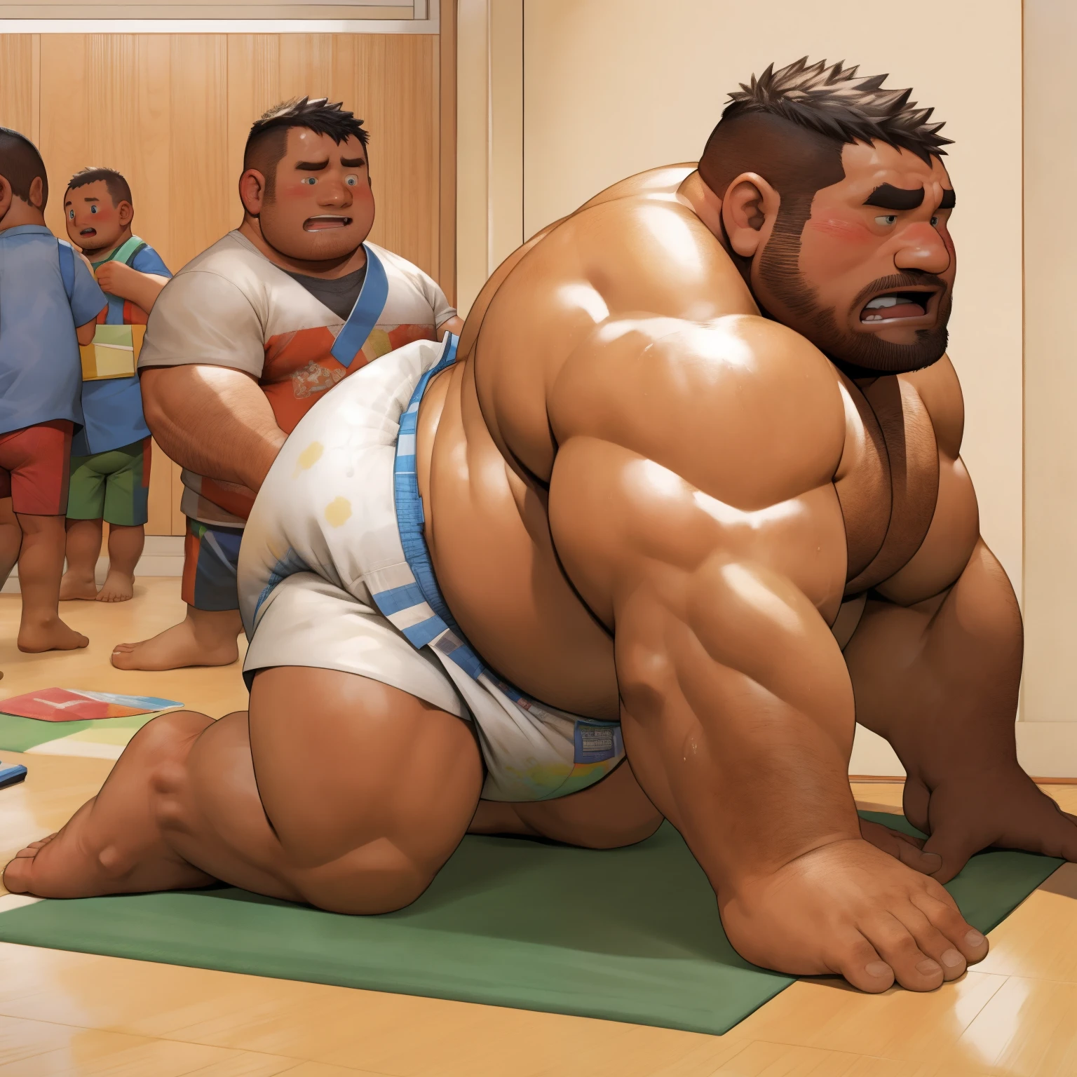 masterpiece, Top quality, in 32K, perfect anatomy, hyper detailed, super fine illustration, The thick man is a brutal prisoner, retarded, hairy human, 50yo in Japan, (fatness: 1.0), Fatty muscle, Bowleg, disappointment, incontinent, shy, sissy, Weaker than children, Drool, Round face, be diaper check by children, waddle, There is a small puddle under him, incontinent, Naked, short legs, Bowleg, spread legs, wear a White cloth Diaper, Bare belly, Bare legs, Bare foots, Bare soles, Shirtless, wide forehead and short thinning hair, Man with round face with stubble, Bare foots, Bare soles, He enters nursery school and is despised by children, He surrounded by children, His bottom is wet, Bare foots, big butt, he is scolded by the children, White Diaper, He surrounded by children, sobbing, wear a White cloth Diaper, shirtless, There is a small puddle under him, He enters nursery school and is despised by children, big butt, sobbing, He crawling to go to children, on all fours, side view