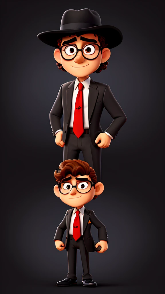 Draw a Cartoon-style character inspired by a mysterious salesman. He must wear a wide-brimmed black hat, sunglasses, have curly and voluminous hair, and a black suit with a red shirt. Include a yellow tie and a gray briefcase in your hands. The character must have a confident and charismatic expression, similar to Michael Jackson 
