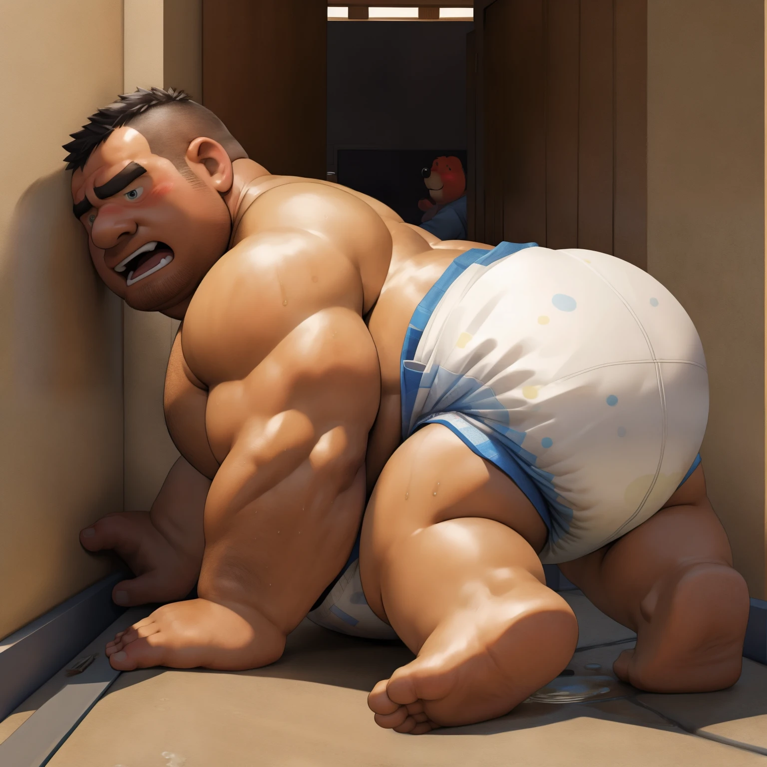 masterpiece, Top quality, in 32K, perfect anatomy, hyper detailed, super fine illustration, The thick man is a brutal prisoner, , hairy human, 50yo in Japan, (fatness: 1.0), Fatty muscle, Bowleg, disappointment, incontinent, shy, sissy, W than children, Droound face, be diaper check by children, waddle, is a small puddle under him, incontinent, Naked, short legs, Bowlpread legs, wear a White cl Bare belly, Bare legs, Bare foots, Bare soles, Shirtless, wide forehead and short thinning hair, Man with round face with stubble, Bare foots, Bare soles, He enters nursery school and is despised by children, He surrounded by children, Hitom is wet, Bare foots, big, he is scolded by the children, White Diaper surrounded by children, so, wear a White cloth Diaper, shirtless, Tis a small puddle under him, He enters nursery school and is despised by children, big butt, sobbing, He crawling to go to children, on ours, side vie