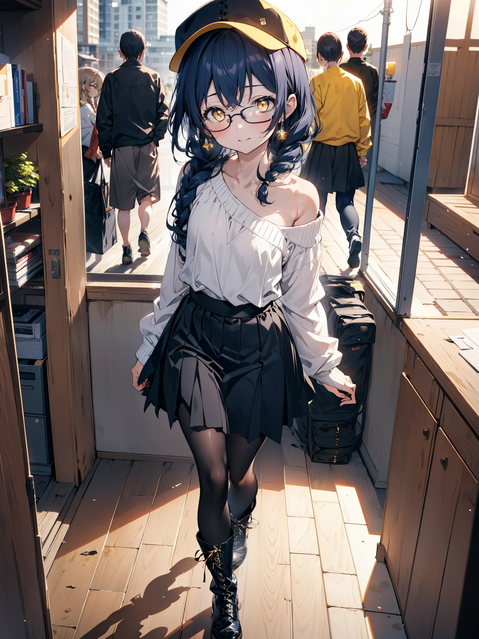 you like it, Umi Sonoda, Long Hair, Blue Hair, (Yellow Eyes:1.5) (Flat Chest:1.2),Blue one-shoulder sweater,Long skirt,Black pantyhose,short boots,Baseball hats,Black-rimmed glasses,Long braids,smile,Walking,morning,morning陽,The sun is rising,On the way to school,whole bodyがイラストに入るように,
break looking at viewer,whole body,
break outdoors, station,
break (masterpiece:1.2), Highest quality, High resolution, unity 8k wallpaper, (figure:0.8), (Beautiful attention to detail:1.6), Highly detailed face, Perfect lighting, Highly detailed CG, (Perfect hands, Perfect Anatomy),